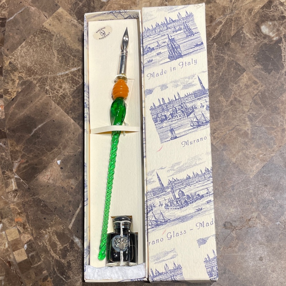 Murano Green and Orange Glass Art Pen, Sterling Silver 800/1000
